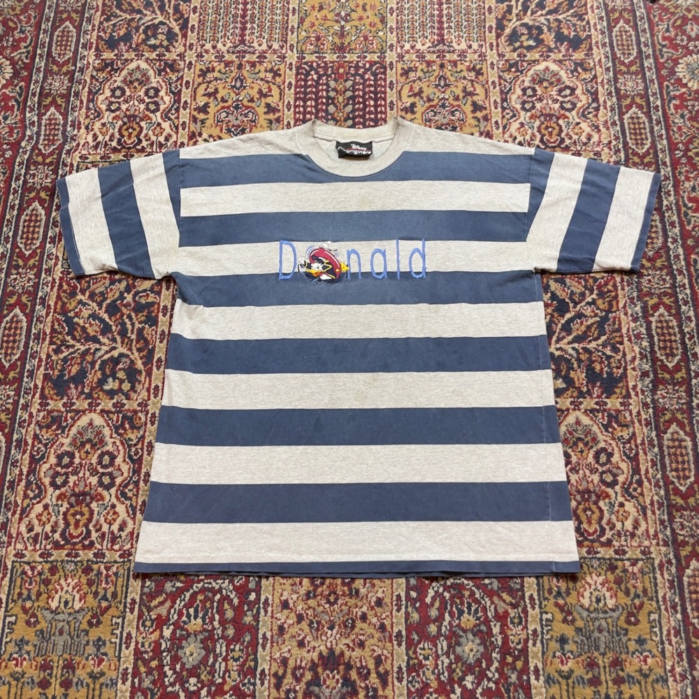 VTG 90s Disney Originals Donald Duck Striped Embroidered TShirt Navy Grey USA XL